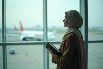 Jeune femme musulmane au hijab regarde l'aéroport