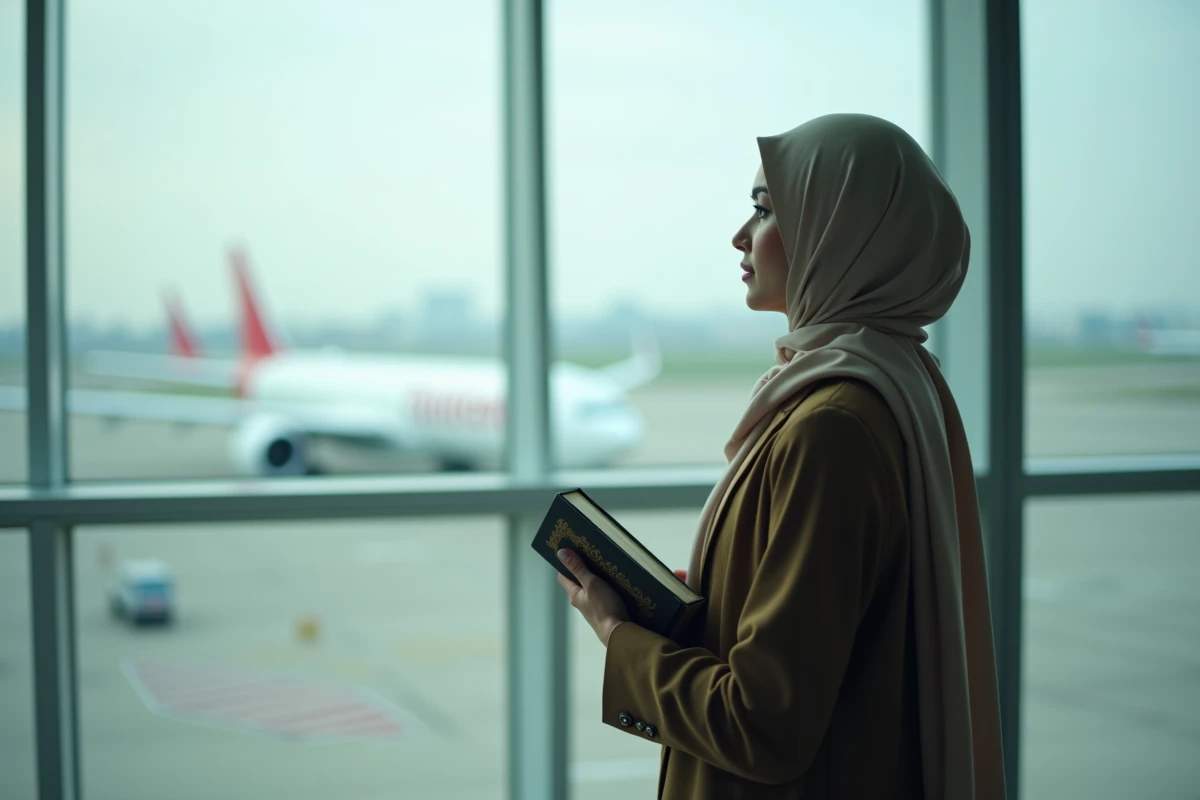 Jeune femme musulmane au hijab regarde l'aéroport