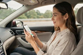 Femme consultant l'application Mappy sur son smartphone pour planifier un itinéraire pendant un long trajet en voiture