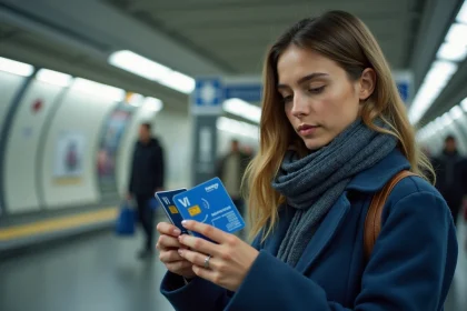 Jeune femme examinant des cartes Navigo dans le m&eacute;tro parisien