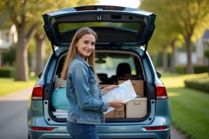 Jeune femme organisant un coffre de voyage en extérieur