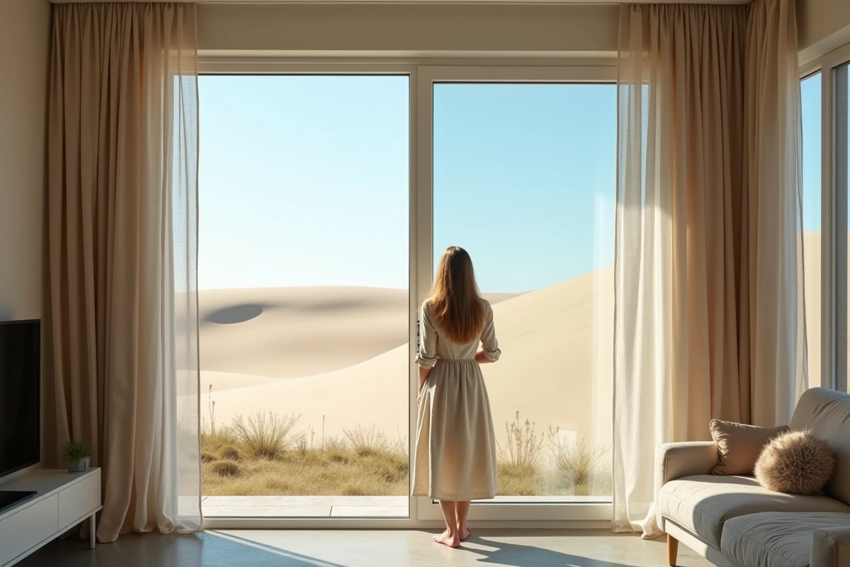 Jeune femme ouvrant la rideau avec vue sur la dune du Pilat