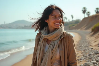 Jeune femme marchant sur la plage au Maroc avec l'oc&eacute;an en arri&egrave;re-plan