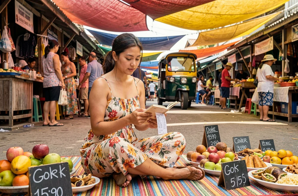 Femme en voyage de noces planifiant son budget dans un marché local coloré en Asie du Sud-Est