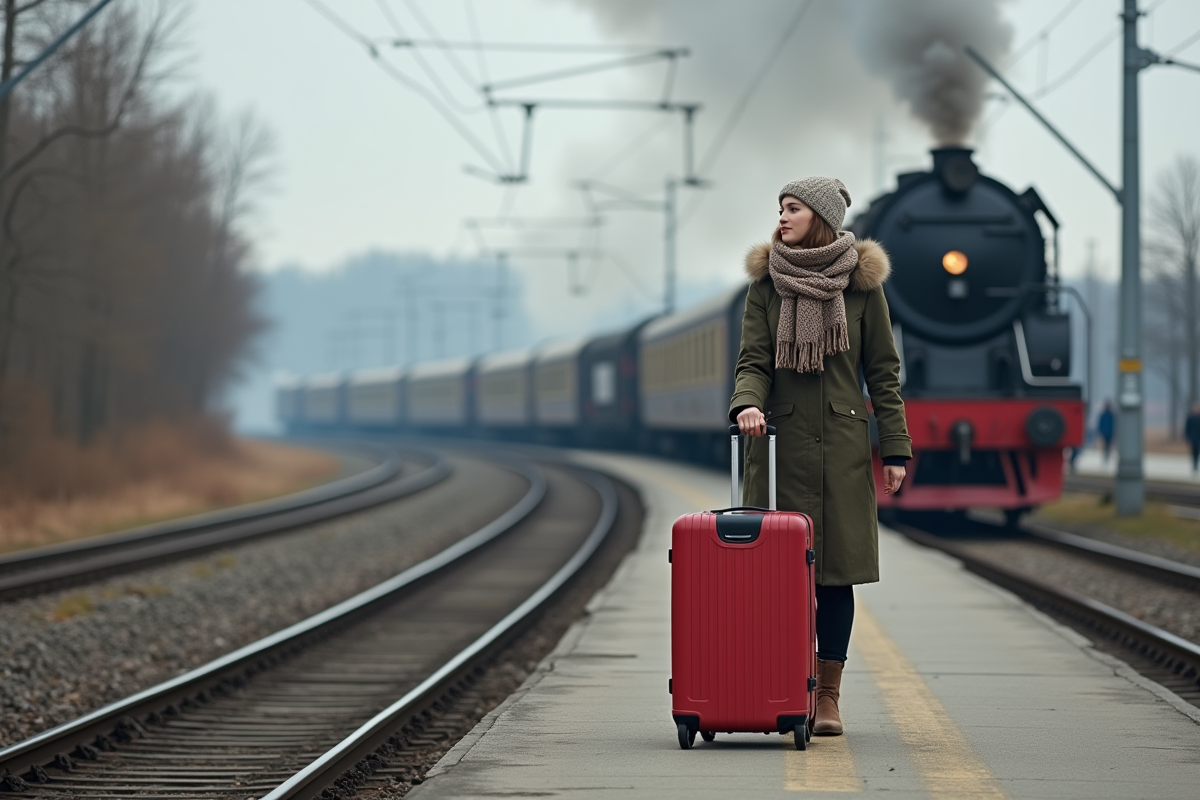 Jeune femme marchant avec valise sur la plateforme russe