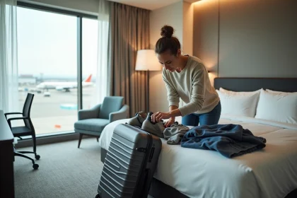 Femme pr&eacute;parant sa valise dans une chambre d'h&ocirc;tel moderne