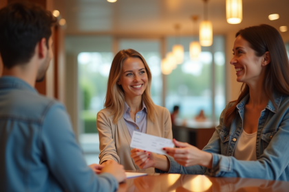 Femme souriante à la réception d'hôtel remettant des chèques vacances