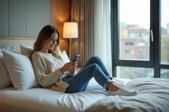 Jeune femme détendue sur un lit d'hôtel en journée