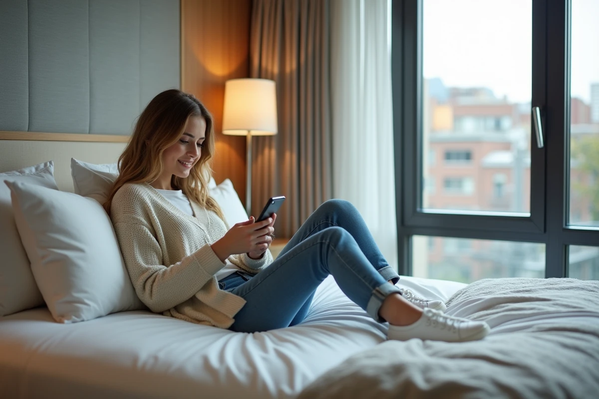 Jeune femme détendue sur un lit d'hôtel en journée