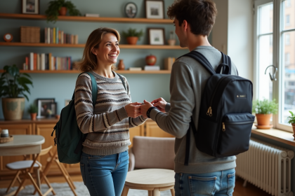 Femme remettant des clés à un locataire dans un salon chaleureux