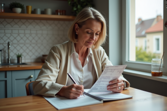 Femme française examine des tickets de transport dans sa cuisine