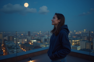 Jeune femme regardant le ciel étoilé en ville la nuit