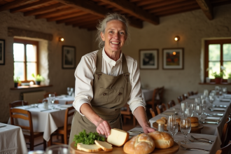 Femme en costume traditionnel arrangeant des tables rustiques avec pain et fromage