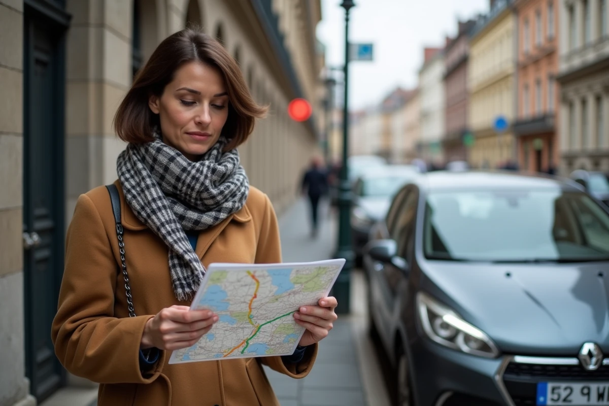 Femme vérifie un plan et un itinéraire sur tablette en ville