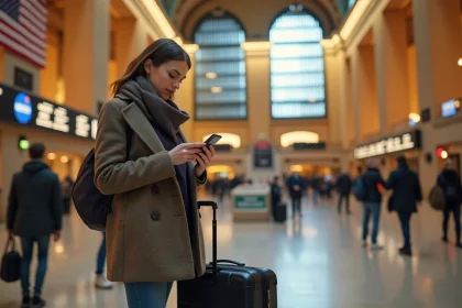 Femme avec valise à grand central à New York