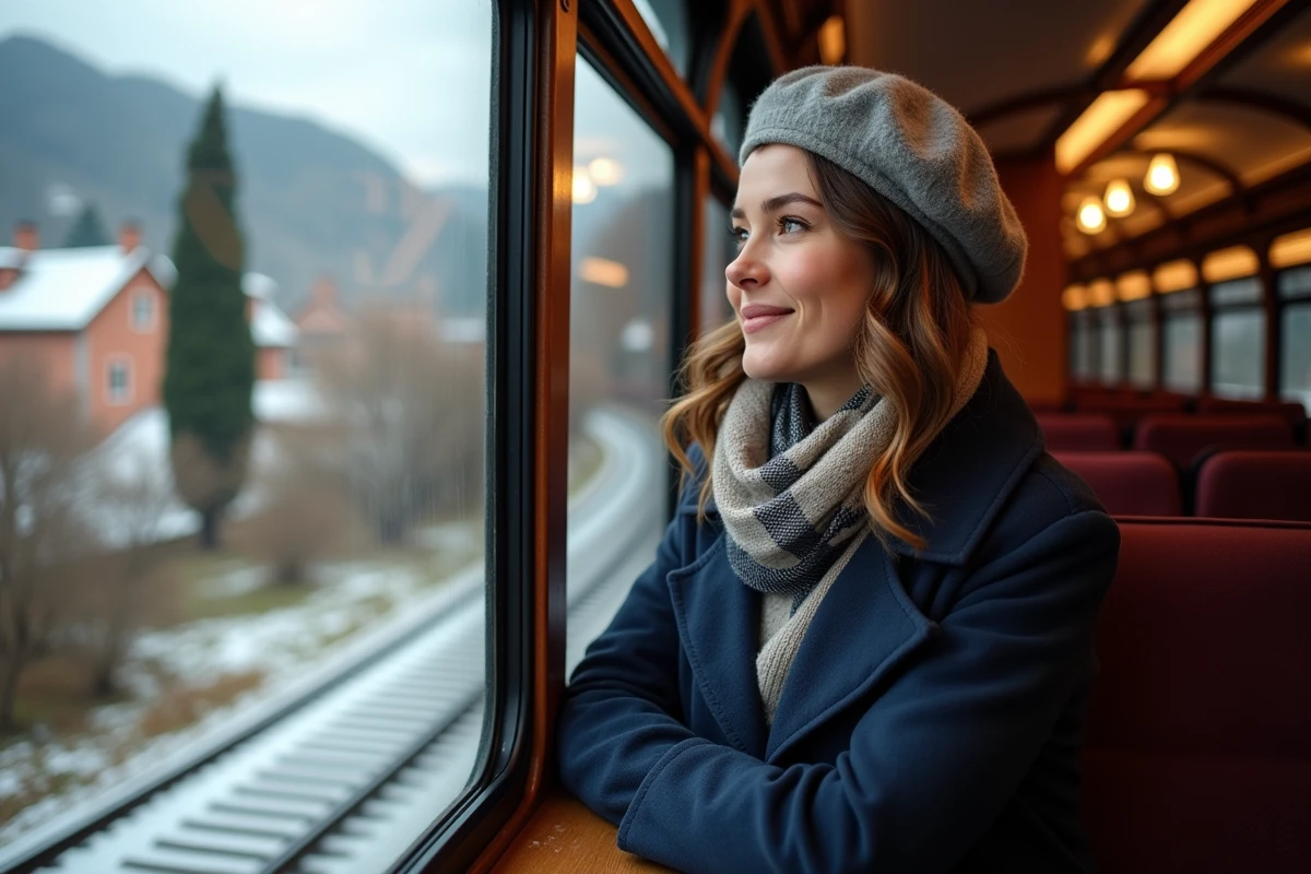 Femme regardant par la fenêtre d’un train en Italie
