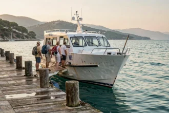 Ferry blanc quittant le quai en direction de l'île de Porquerolles tôt le matin avec des touristes à bord