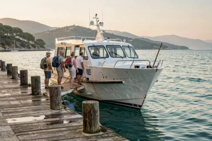 Ferry blanc quittant le quai en direction de l'île de Porquerolles tôt le matin avec des touristes à bord