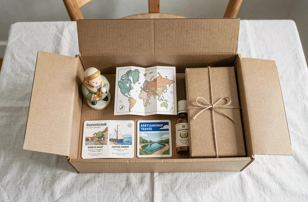 Vue aérienne d'une box voyageuse ouverte avec des produits régionaux, une carte illustrée et des emballages artisanaux sur lin blanc