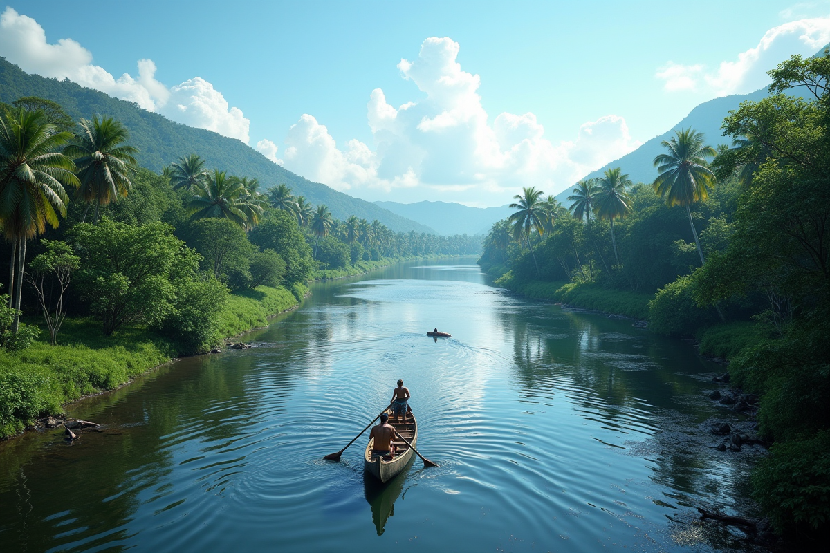 Rivière amazonienne calme avec canoe et dauphins roses