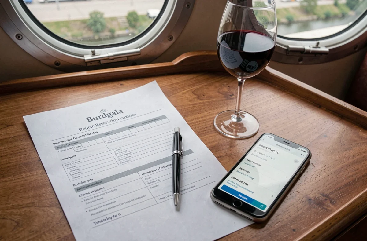 Formulaire de réservation pour la croisière Burdigala posé sur une table avec un verre de vin rouge bordelais