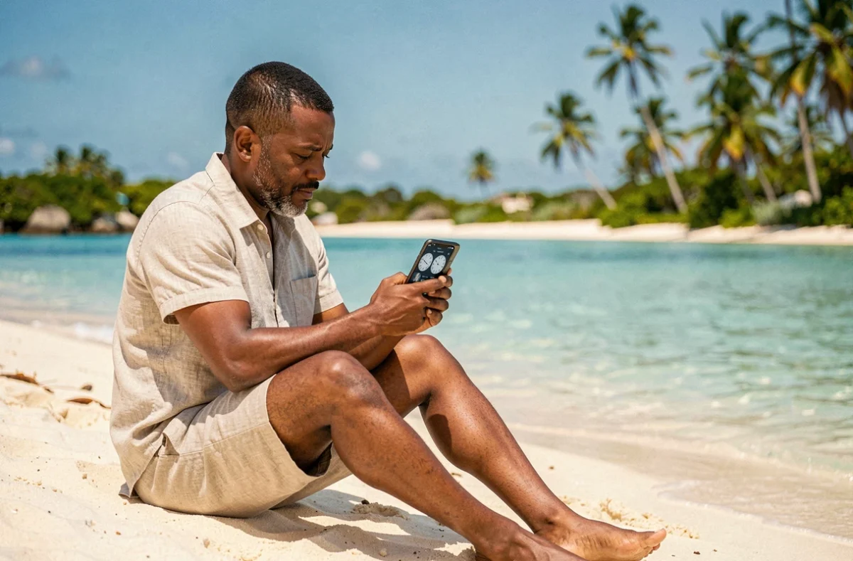 Homme consultant un fuseau horaire sur smartphone depuis une plage de Martinique