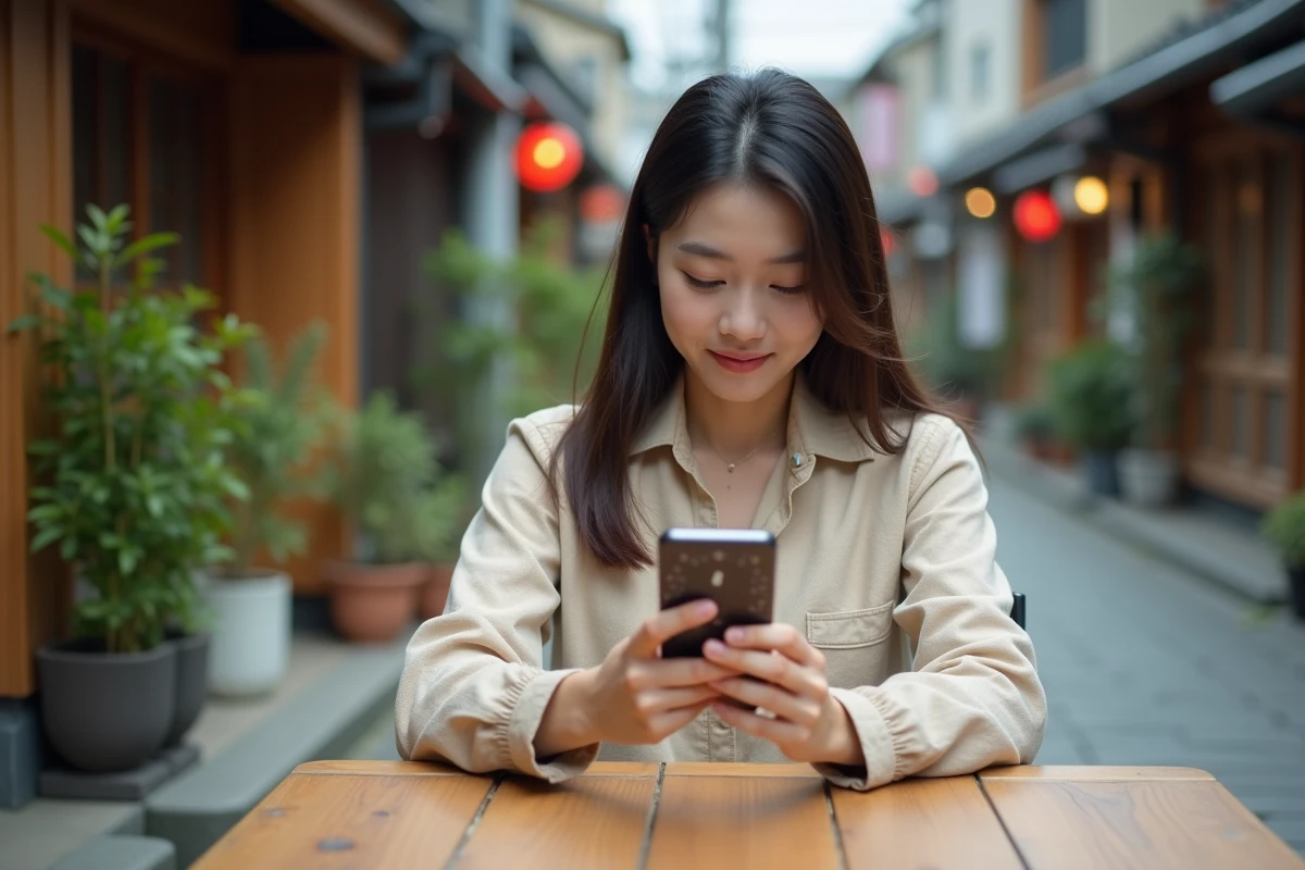 Jeune femme japonaise consultant une application de fuseau horaire mondial sur son smartphone dans un café de rue à Tokyo