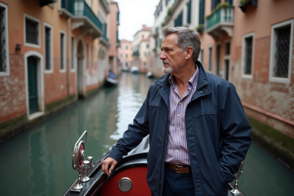 Gondolier venetien moderne au bord du canal