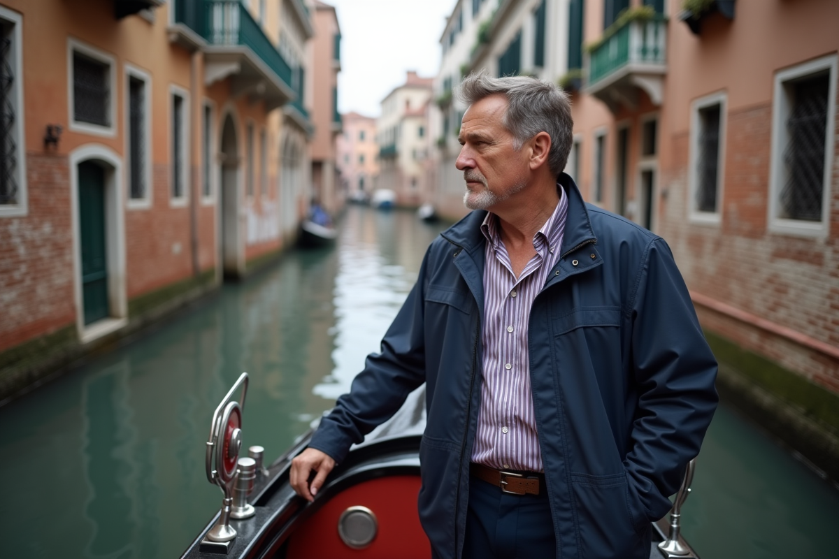 Gondolier venetien moderne au bord du canal
