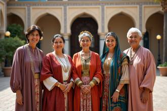 Cinq adultes en tenues traditionnelles diverses en ville