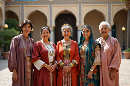 Cinq adultes en tenues traditionnelles diverses en ville