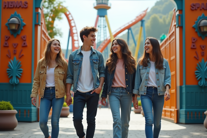 Groupe d'ados souriants entrant dans un parc d'attractions