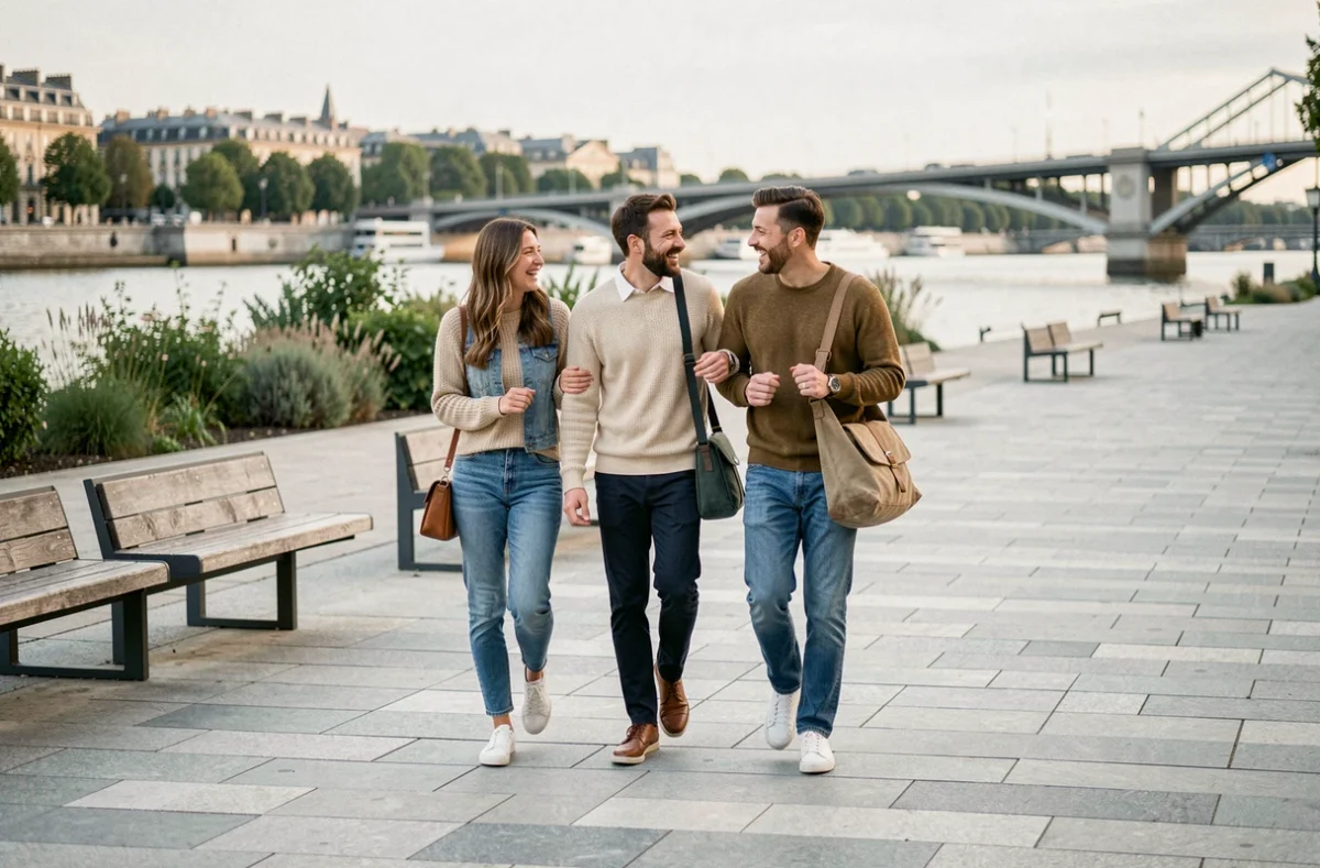 Groupe d'amis se promenant sur une esplanade piétonne rénovée en bord de Seine à Paris