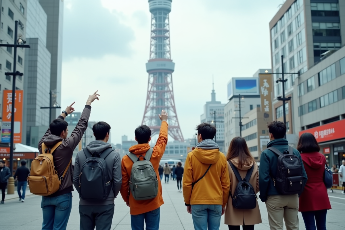 Groupe de touristes admirant la tour Tokyo Skytree