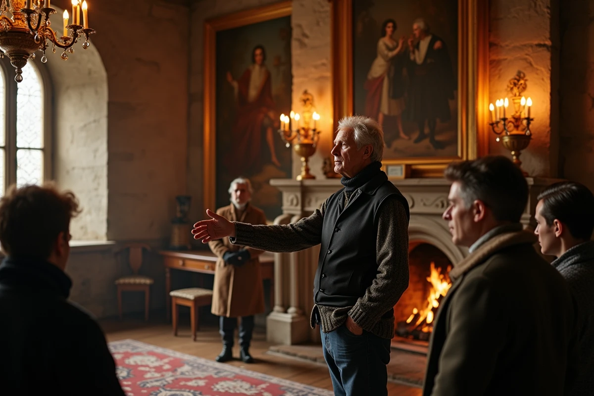 Guide expliquant l'histoire d'un château devant une cheminée lors d'une visite hivernale
