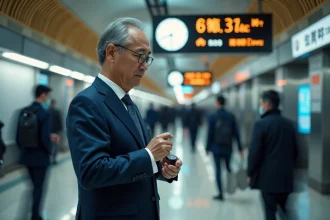 Homme d'affaires japonais vérifiant l'heure à la gare de Shinjuku à Tokyo, grand panneau d'horloge numérique en arrière-plan