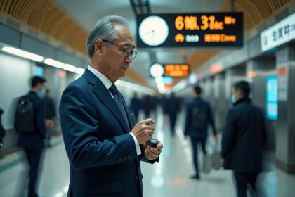 Homme d'affaires japonais vérifiant l'heure à la gare de Shinjuku à Tokyo, grand panneau d'horloge numérique en arrière-plan