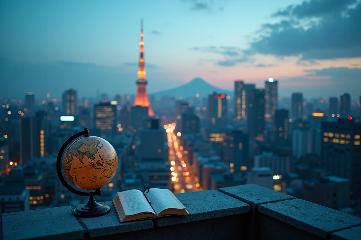 Panorama du skyline de Tokyo au crépuscule avec la Tokyo Skytree, globe vintage et journal de voyage sur une terrasse, illustrant le fuseau horaire japonais