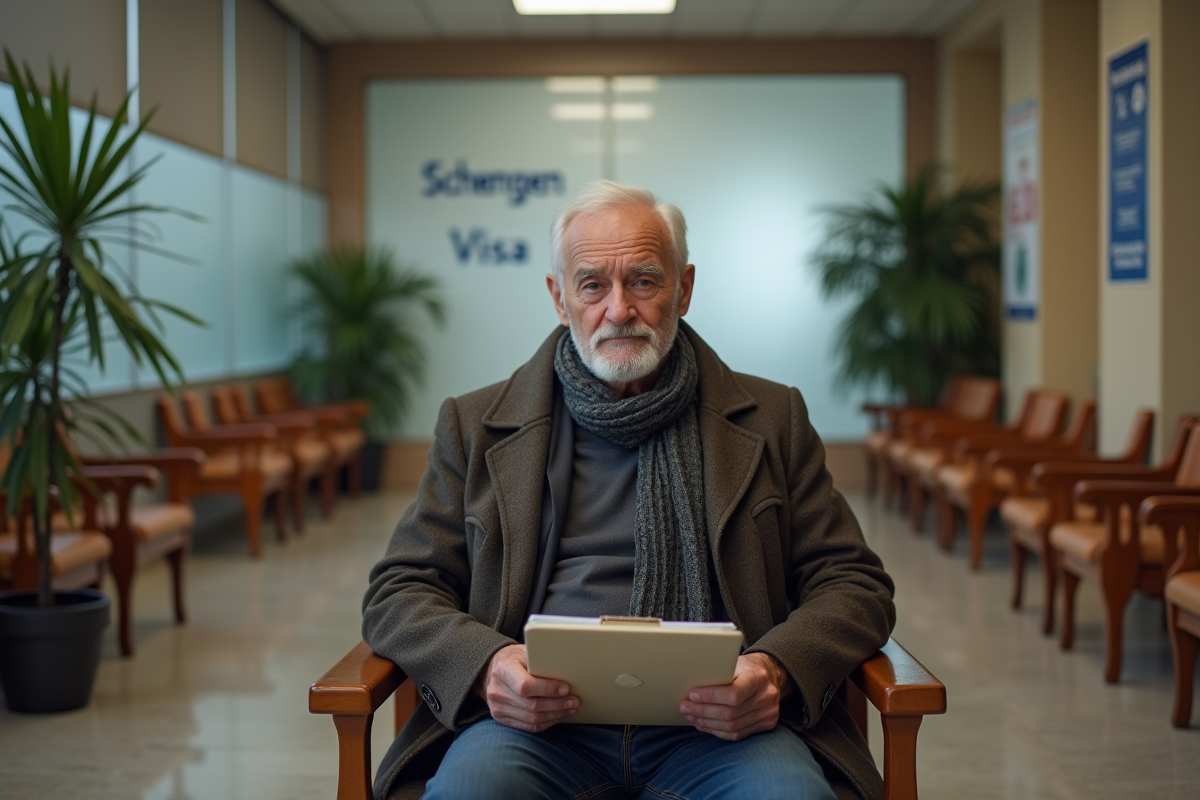 Homme d age attendant dans un consulat avec documents