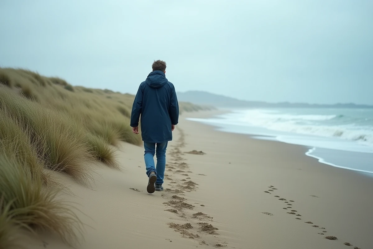 Jeune homme basque marchant sur la plage venteuse