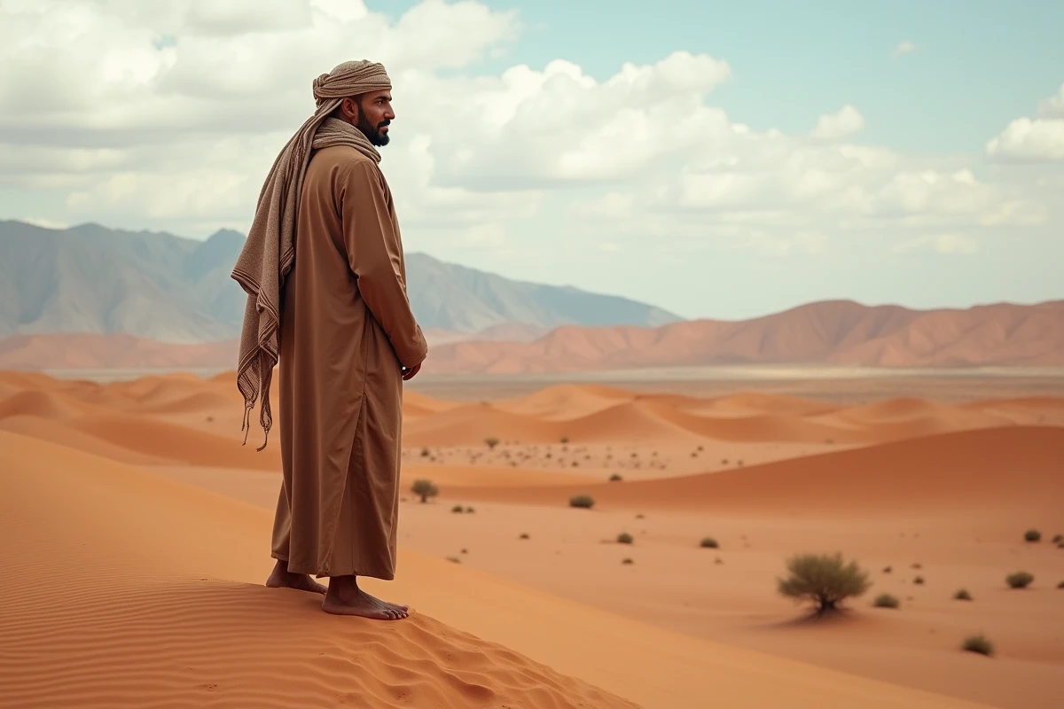 Homme en v&ecirc;tements traditionnels sur une dune dans le Sahara