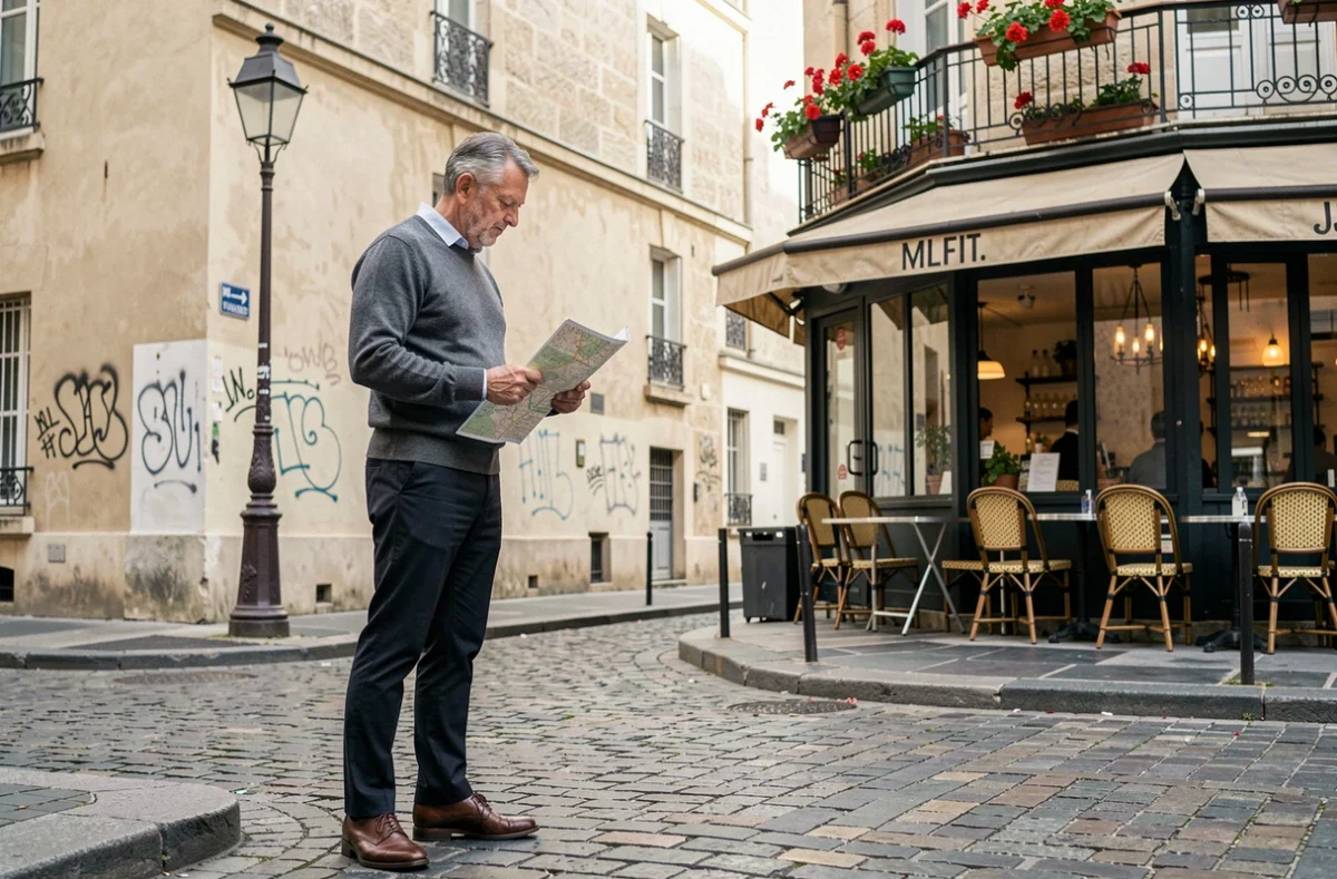 Homme consultant une carte dans une ruelle piétonne authentique d'un nouveau quartier de Paris