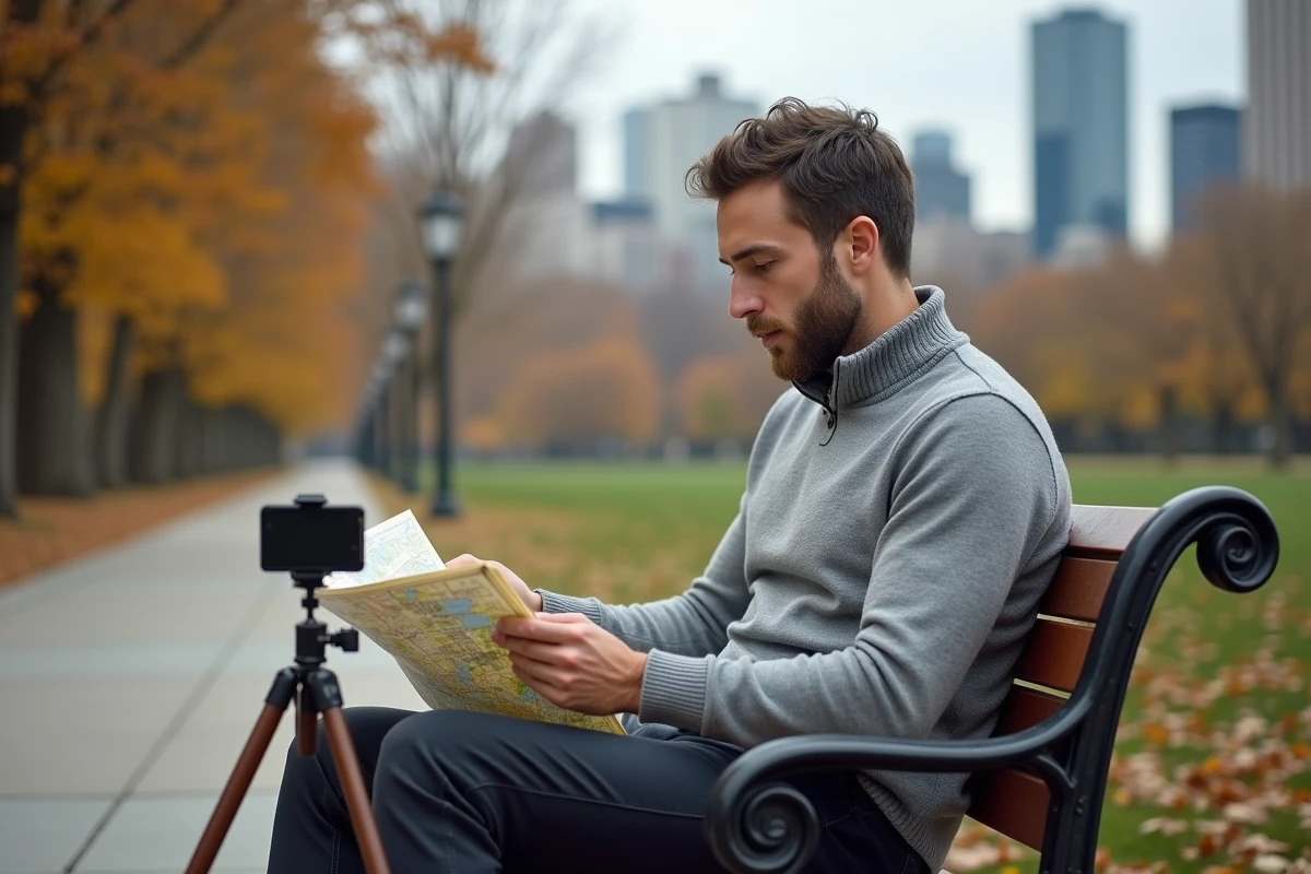 Homme comparant une carte de ville américaine et son smartphone dans un parc urbain pour organiser son itinéraire