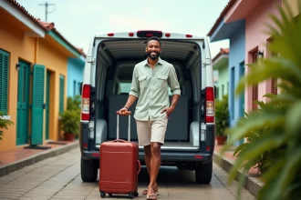 Homme souriant chargeant une valise dans une camionnette à la Réunion