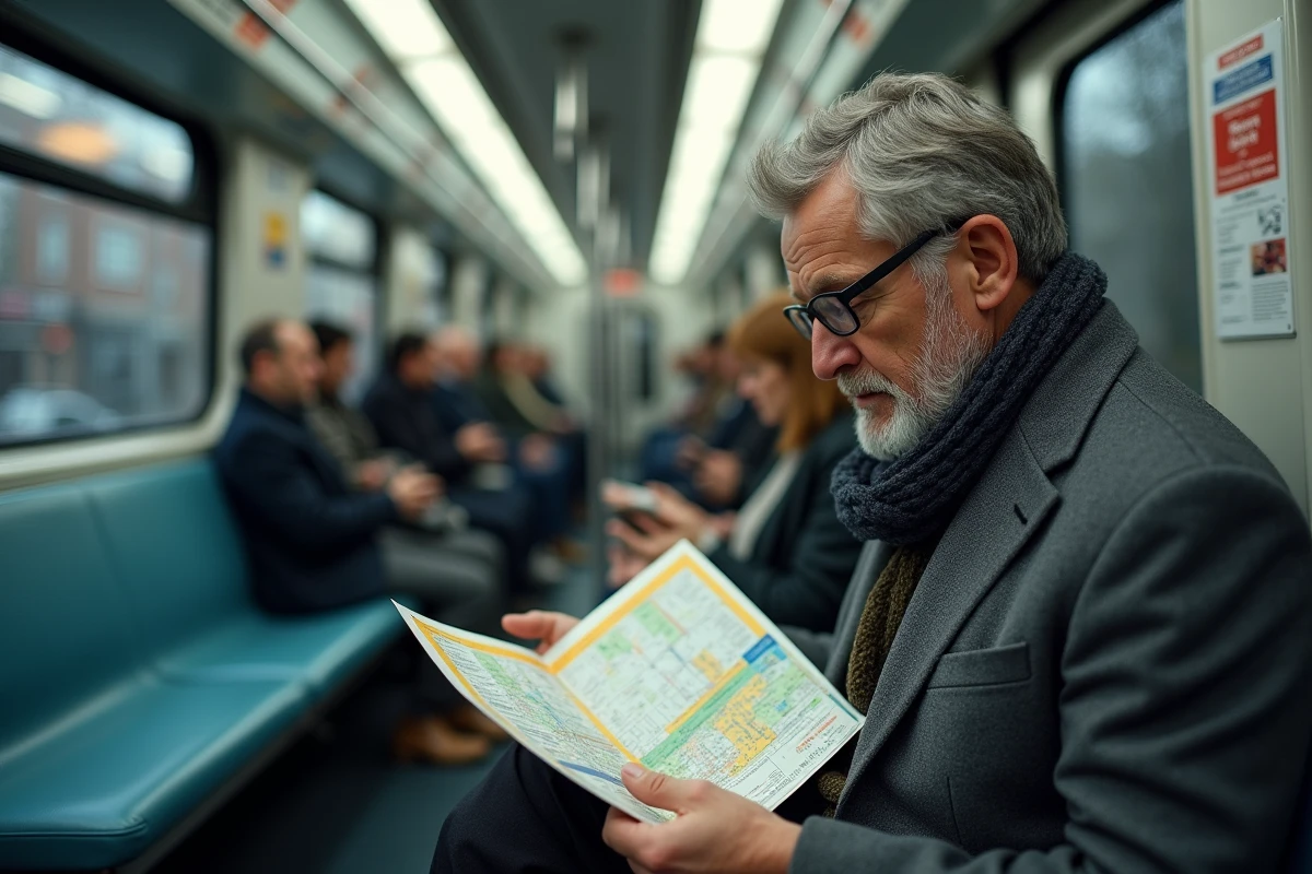 Homme comparant zones sur une carte Navigo dans le train