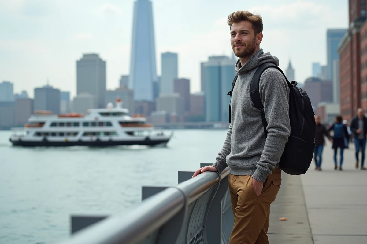 Jeune homme sur le quai de Boston avec skyline