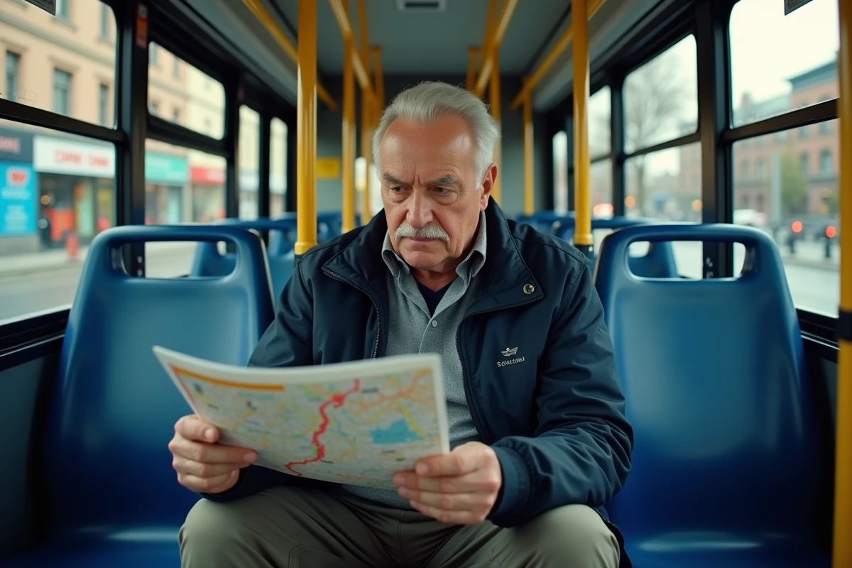Homme lisant un plan de bus dans un bus urbain