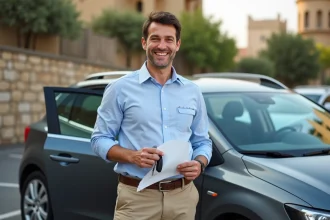Homme souriant avec clés de location devant voiture