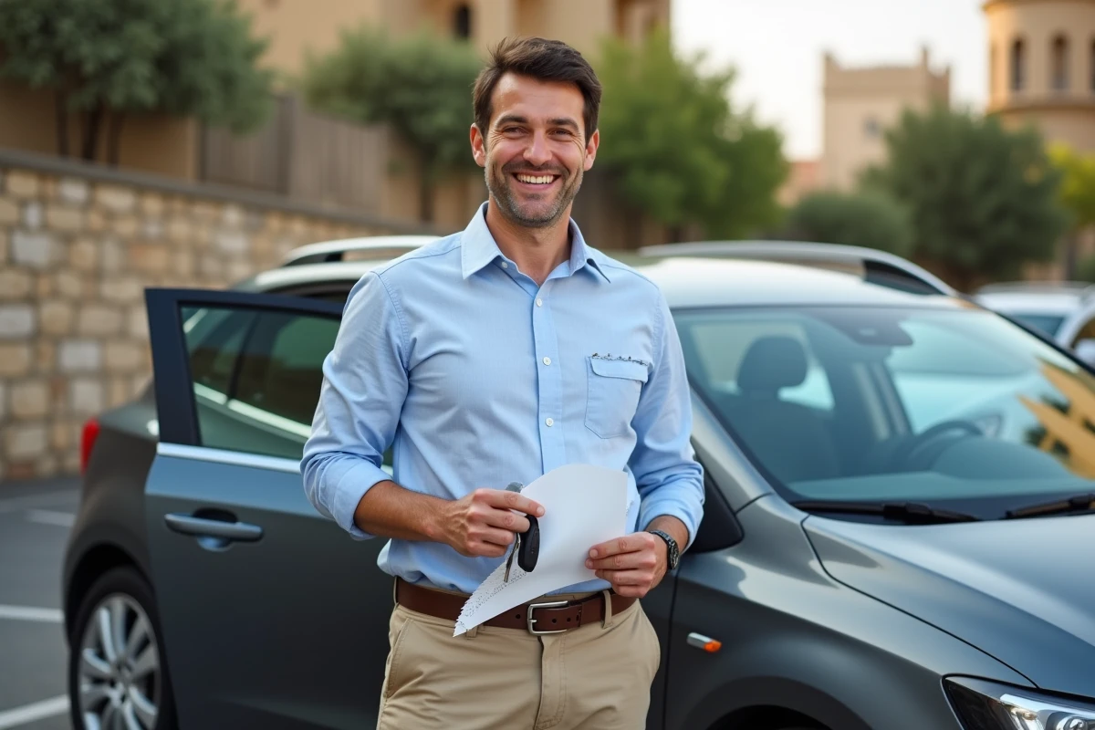Homme souriant avec clés de location devant voiture