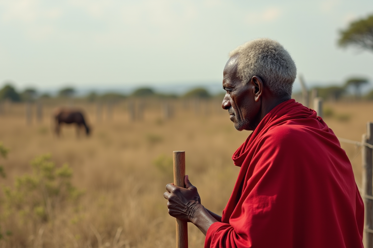 Homme Maasai regardant la réserve naturelle depuis la clôture